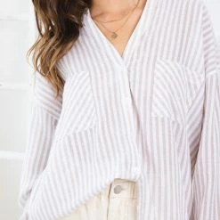 MIOU MUSE The Sadie Gray & White Striped Oxford Shirt