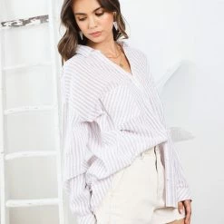 MIOU MUSE The Sadie Gray & White Striped Oxford Shirt