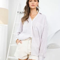 MIOU MUSE The Sadie Gray & White Striped Oxford Shirt