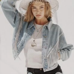 Blue B The Weston Light Wash Rhinestone Fringe Denim Jacket