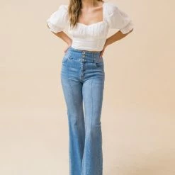 Flying Tomato The La Jolla Ivory Puff Sleeve Cropped Top