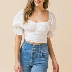 Flying Tomato The La Jolla Ivory Puff Sleeve Cropped Top