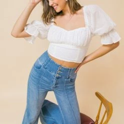 Flying Tomato The La Jolla Ivory Puff Sleeve Cropped Top