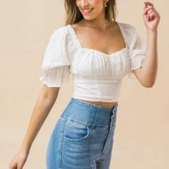 Flying Tomato The La Jolla Ivory Puff Sleeve Cropped Top