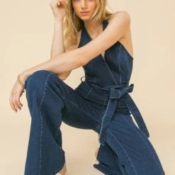 Flying Tomato The Charlotte Denim Halter Jumpsuit Jumpsuits