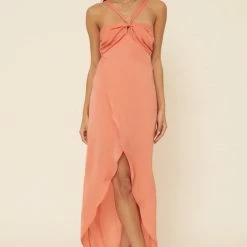 Promesa USA The Cape Cod Coral Satin Tulip Hem Maxi Dress Dresses