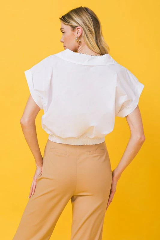 Flying Tomato The Kira White Pleated V-Neck Top Tops