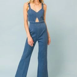 Flying Tomato The Dessie Medium Indigo Cutout Denim Jumpsuit Jumpsuits