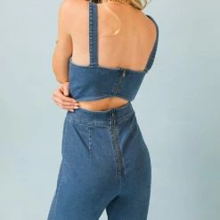 Flying Tomato The Dessie Medium Indigo Cutout Denim Jumpsuit Jumpsuits