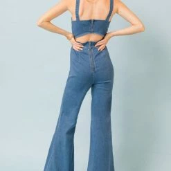 Flying Tomato The Dessie Medium Indigo Cutout Denim Jumpsuit Jumpsuits