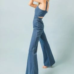 Flying Tomato The Dessie Medium Indigo Cutout Denim Jumpsuit Jumpsuits