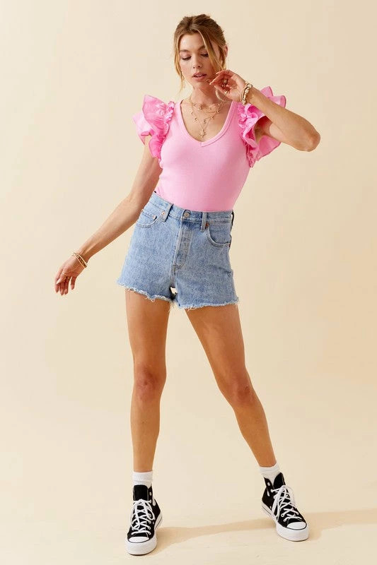 Day + Moon Tops The Carissa Puff Sleeve V Neck Bodysuit