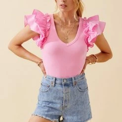 Day + Moon Tops The Carissa Puff Sleeve V Neck Bodysuit