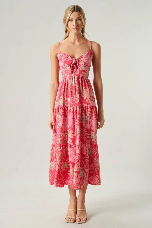 SugarLips The Cayman Fuchsia Tropical Print Tie Knot Midi Dress