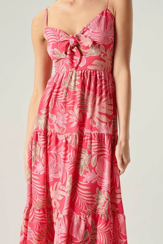 SugarLips The Cayman Fuchsia Tropical Print Tie Knot Midi Dress