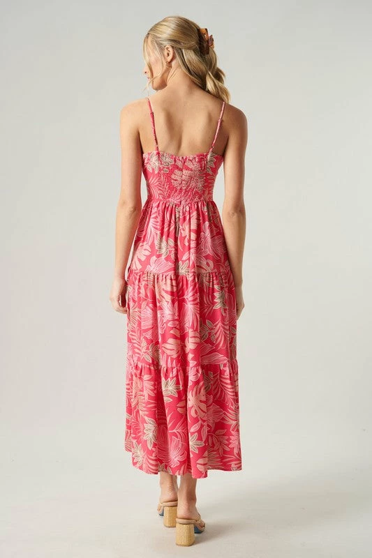 SugarLips The Cayman Fuchsia Tropical Print Tie Knot Midi Dress