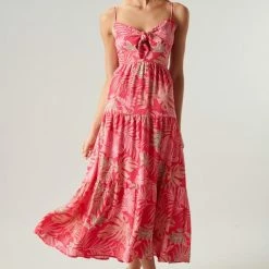 SugarLips The Cayman Fuchsia Tropical Print Tie Knot Midi Dress