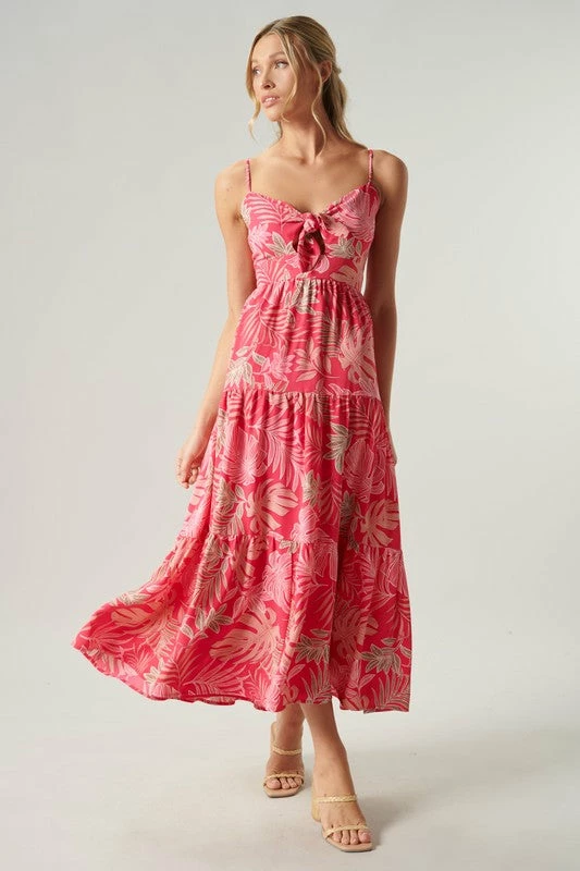 SugarLips The Cayman Fuchsia Tropical Print Tie Knot Midi Dress