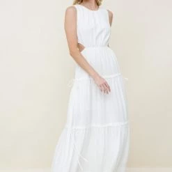 In The Beginning Clothing The Braxton White Linen Cutout Midi Dress