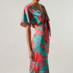 SugarLips The Palm Tropics Pink & Green Satin Front Tie Midi Dress