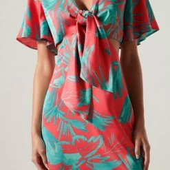 SugarLips The Palm Tropics Pink & Green Satin Front Tie Midi Dress