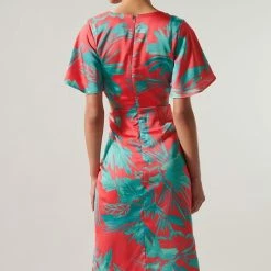 SugarLips The Palm Tropics Pink & Green Satin Front Tie Midi Dress