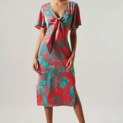 SugarLips The Palm Tropics Pink & Green Satin Front Tie Midi Dress