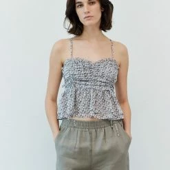 Grade & Gather The Peyton Marina Blue Floral Print Ruched Tank Top Tops