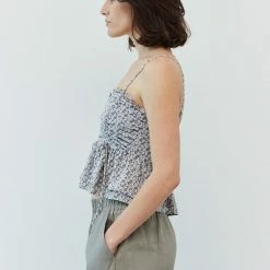 Grade & Gather The Peyton Marina Blue Floral Print Ruched Tank Top Tops