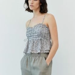 Grade & Gather The Peyton Marina Blue Floral Print Ruched Tank Top Tops