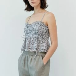 Grade & Gather The Peyton Marina Blue Floral Print Ruched Tank Top Tops