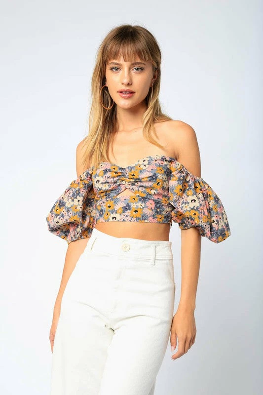 Olivaceous The Eula Floral Off The Shoulder Crop Tops