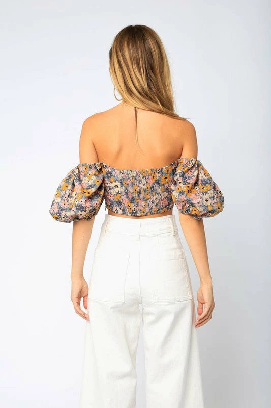 Olivaceous The Eula Floral Off The Shoulder Crop Tops