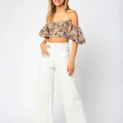 Olivaceous The Eula Floral Off The Shoulder Crop Tops