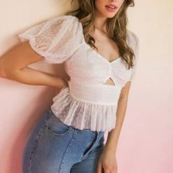 Flying Tomato Tops The Lourdes Swiss Dot Mesh Crop Top