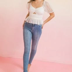 Flying Tomato Tops The Lourdes Swiss Dot Mesh Crop Top