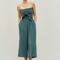 Grade & Gather The Mineral Pool Green Tie Front Gauze Jumpsuit Jumpsuits