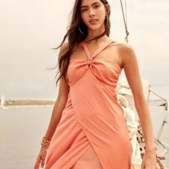 Promesa USA The Cape Cod Coral Satin Tulip Hem Maxi Dress Dresses