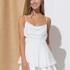 In The Beginning Clothing The Whitney White Satin Cowl Neck Fluttered Romper