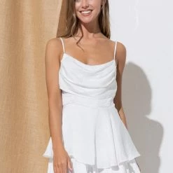In The Beginning Clothing The Whitney White Satin Cowl Neck Fluttered Romper