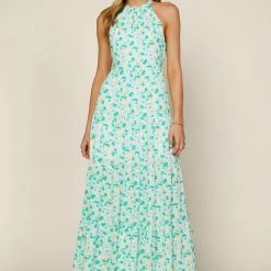Skies Are Blue The Marsha Mint Green Floral Halter Maxi Dress Dresses