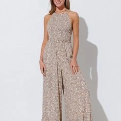 Illa Illa Jumpsuits The Carmel Taupe Printed Wide Leg Jumpsuit