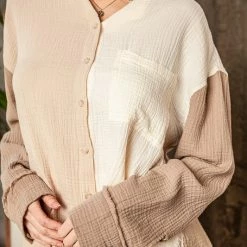 MIOU MUSE The Toria Taupe Colorblock Gauze Shirt Tops
