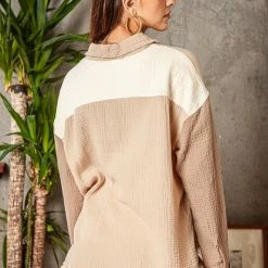 MIOU MUSE The Toria Taupe Colorblock Gauze Shirt Tops