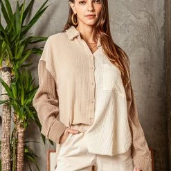 MIOU MUSE The Toria Taupe Colorblock Gauze Shirt Tops