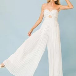 Flying Tomato The Wren White Pleated Wide Leg Jumpsuit