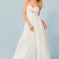 Flying Tomato The Wren White Pleated Wide Leg Jumpsuit