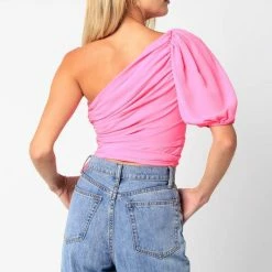 Olivaceous The Gina One Shoulder Puff Sleeve Crop Top Tops