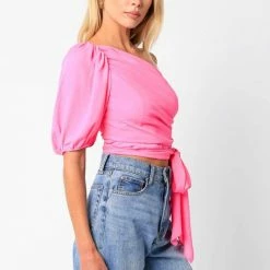Olivaceous The Gina One Shoulder Puff Sleeve Crop Top Tops