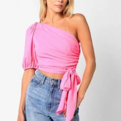 Olivaceous The Gina One Shoulder Puff Sleeve Crop Top Tops
